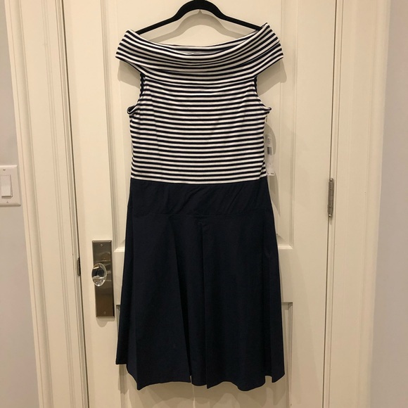 Ralph Lauren Navy Striped Cotton Fit and Flare Dress NWT - Picture 1 of 5